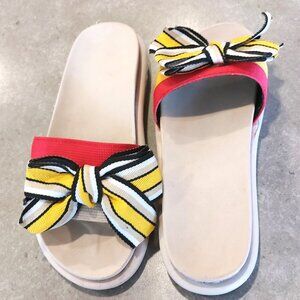 Women's Wide Width Comfy Platform Bow on Vamp Slide Sandals Red/Yellow/Tan 8.5M